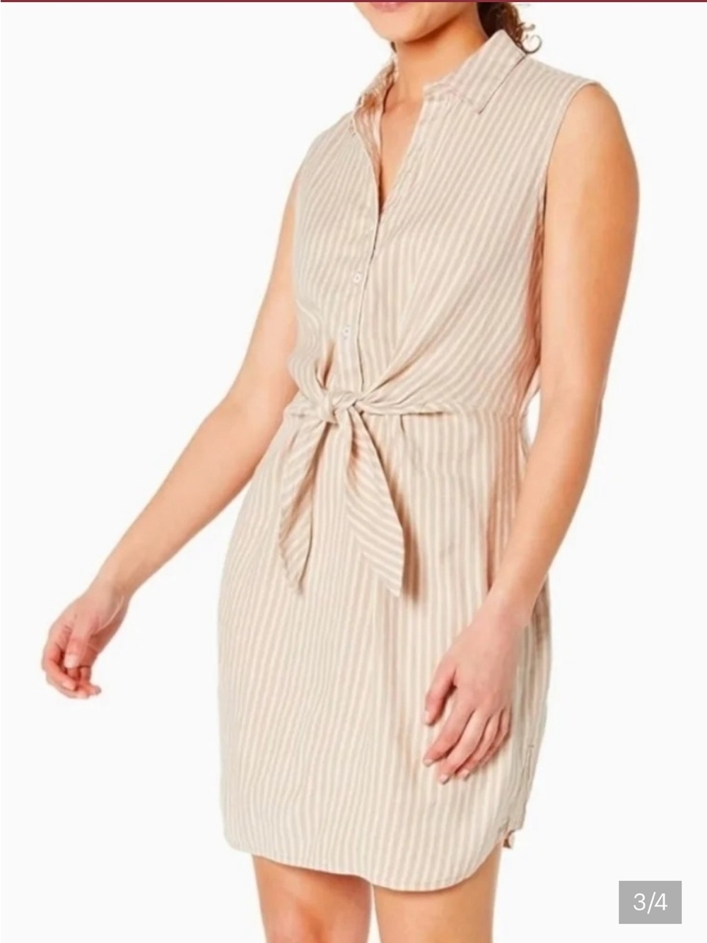 NIC+ZOE Beige-and-White Striped Tie-Front Shirt Dress